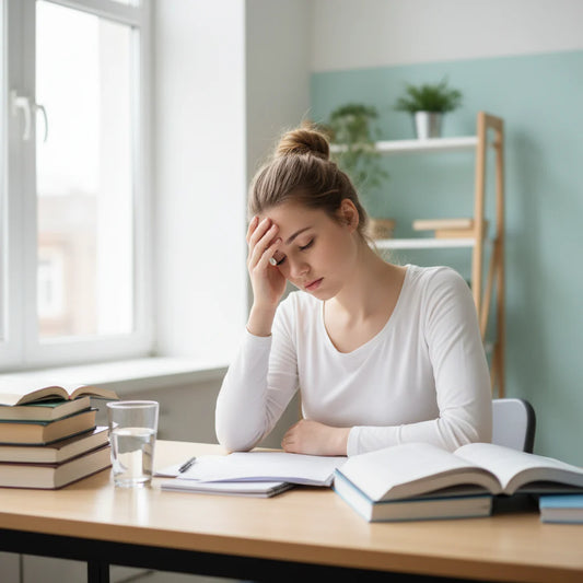 Etudiante en état de stress assise à son bureau face à ses cours