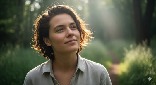 Jeune femme souriante et sereine regardant vers l'horizon