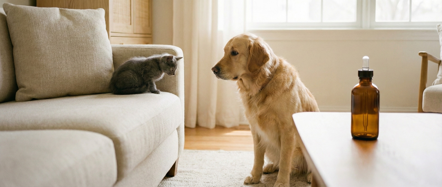 Un chat et un chien se regardant sereinement dans un salon. Un flacon de fleurs de Bach en premier plan