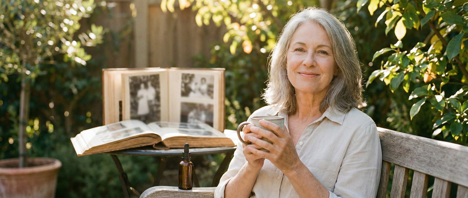 Femme mature heureuse, assise sur un banc, avec un album photo en fond et un flacon de fleurs de Bach
