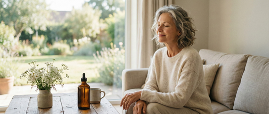 femme mature apaisée, assise sur un canapé. Un flacon de fleurs de bach est présent sur la table basse.