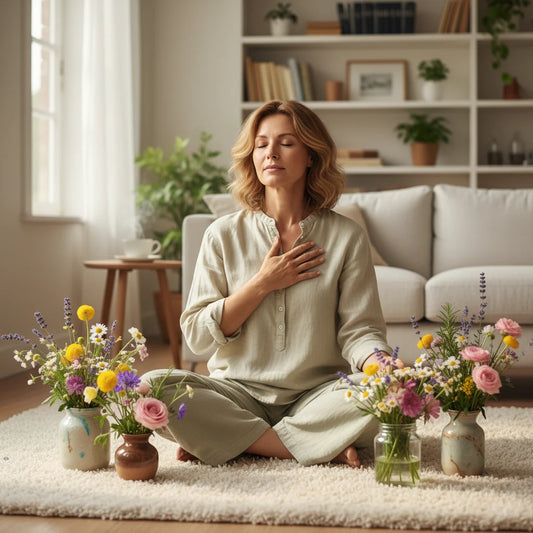 Femme mature assise en tailleur entourée de fleurs, main sur le coeur qui semble apaisée